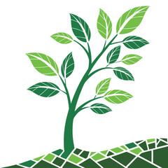 A stylized green tree with vibrant leaves and a mosaic ground pattern symbolizing growth nature and environmental concepts on a clean white background