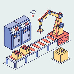 Automated factory production line with robotic arm conveyor belt control panel and boxes illustrating modern industrial automation and smart manufacturing processes in a clean isometric style
