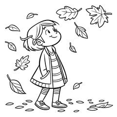 Cute Little Girl with Autumn Leaves Coloring Page Vector Illustration
