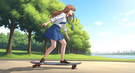공원에서 롱스케이트보드를 타는 치마를 입은 젊은 청춘 여자.