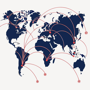 Global network of connections and trade routes visualized on a dark blue world map with red lines connecting various locations and abstract symbols representing destinations or hubs