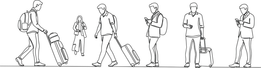Modern travelers walking with luggage, using mobile phones, carrying bags in airport or station—mobility, technology, travel gear, urban commute.