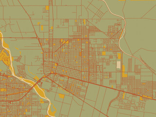 Decorative flat city map of Cipolletti, Argentina using sage/olive tone field with rust networks and ochre shapes, cream water.