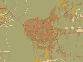 Poster-ready flat map of Corrientes, Argentina, sage/olive tone field with rust networks and ochre shapes, cream water.