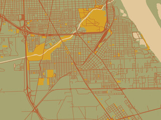 Stylized minimalist map of Gobernador Galvez, Argentina in sage/olive tone field with rust networks and ochre shapes, cream water.
