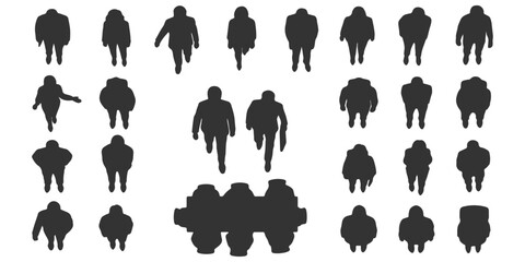 CAD Drawings. Silhouette Set people isolated on white background. standing, walking, sitting. Top view. Vector illustration.