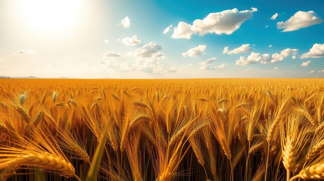 Golden wheat field under a bright blue sky with fluffy white clouds