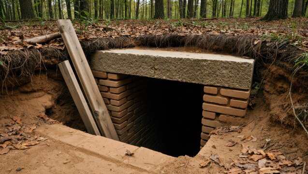 A brick bunker or cellar entrance in the ground in a forest with a wooden plank leaning against it