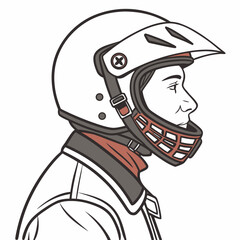Stylized illustration of a person wearing a vintage motorcycle helmet and jacket shown in profile view with a clean white background for easy integration into various design projects