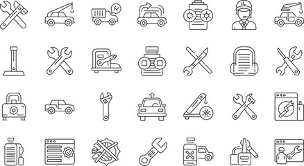Automotive Service, Car Repair, and Mechanic Line Icons Set