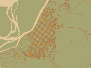 Fototapeta premium Flat painterly map of Goya, Argentina in sage/olive tone field with rust networks and ochre shapes, cream water.