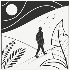 Stylized silhouette of a lone man with a backpack walking uphill towards a large sun against a backdrop of abstract wavy lines and flying birds in a minimalist landscape