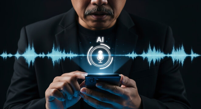 Mature businessman using voice recognition AI on a mobile phone with a sound wave and microphone icon over a dark background