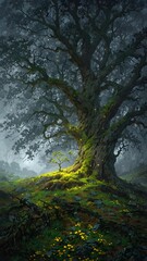 Obraz premium Majestic ancient guardian tree, covered in vibrant moss, stands illuminated by a radiant, ethereal light within an enchanting, mystical forest, evoking timeless wonder and natural beauty