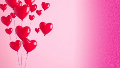 A cluster of red heart shaped balloons floating against a soft pink gradient background. Romantic valentine's day celebration concept