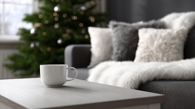 White mug on coffee table with blurred Christmas tree, cozy winter living room and fluffy pillows