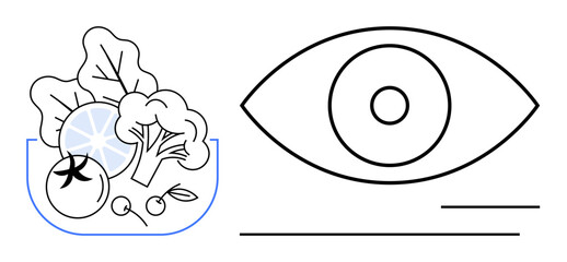 Bowl with vegetables thumbs up lettuce, broccoli, lemon, tomato, and cherries next to an eye outline. Ideal for health, nutrition, wellness, eyesight care diet programs organic food and balance