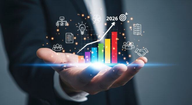Businessman hand holding a glowing 2026 growth bar chart with upward arrow and business strategy icons for future success