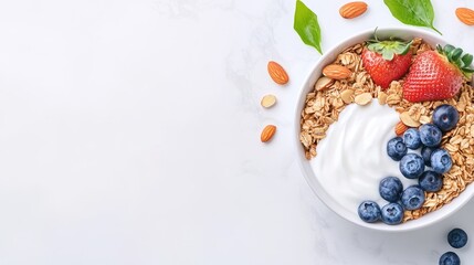 Discover a delightful bowl of Greek yogurt topped with granola, fresh blueberries, strawberries, and almond nuts on marble