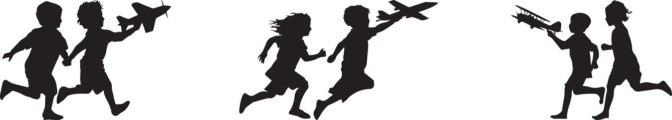 Silhouette of happy children running and playing with toy airplanes on white background, symbol of childhood freedom, imagination, teamwork, outdoor play, and carefree summer joy