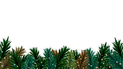 Decorative christmas border with coniferous branches and garlands of christmas lights on transparent background © Andrea