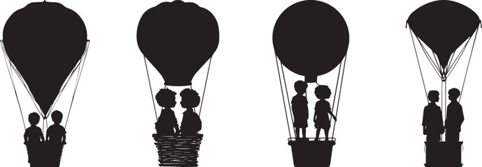 Romantic couple silhouettes in hot air balloons — black and white minimal vector illustration symbolizing love, adventure, and freedom; perfect for posters, greeting cards, wall art, and digital desig