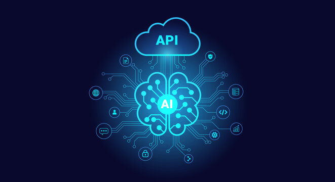 AI connects to API cloud and neural network - AI technology blue background vector in futuristic flat minimal line style