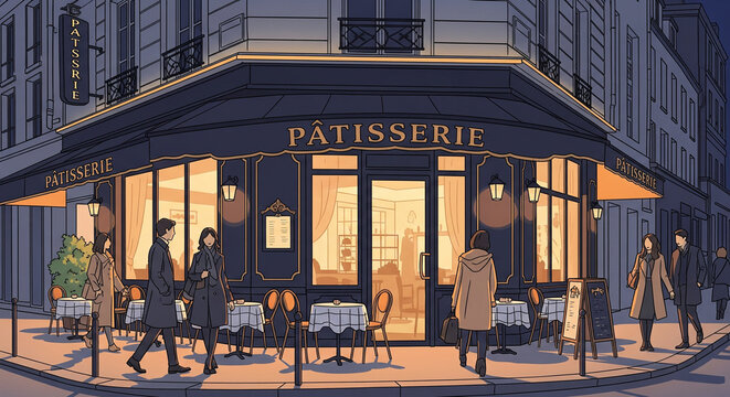 An atmospheric illustration of a charming Parisian p&acirc;tisserie at dusk, with warm lights illuminating the interior and people strolling past on the street.