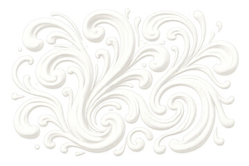 Milk splash swirl ornament forming decorative cream designs, white dairy liquid flowing with droplets on transparent background