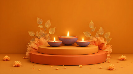 Orange Diwali Display with Lit Oil Lamps and Festive Decor