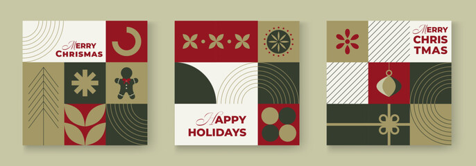 Elegant minimalist Christmas card set with geometric shapes and retro color palette. Perfect for holiday greetings, invitations, posters, and festive branding designs. Vector illustration