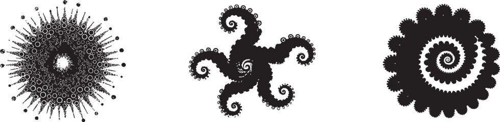 Abstract black and white fractal spiral and starburst patterns with geometric and organic shapes, hypnotic modern design symbolizing motion, symmetry, and energy, perfect for digital art and creative 