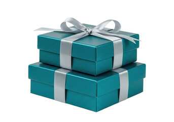 Isolated, two stacked teal gift boxes with silver ribbons and bow, giving a chic presentation