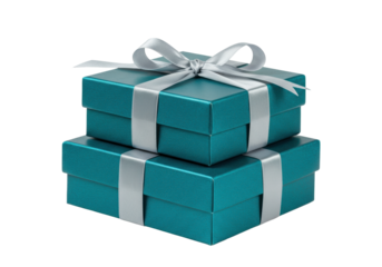 Isolated, two stacked teal gift boxes with silver ribbons and bow, giving a chic presentation
