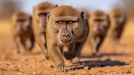A group of baboons strides confidently across the dry landscape of futuristic South Africa, showcasing their strength and social dynamics