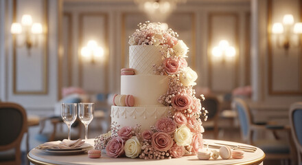 A beautifully decorated three-tiered wedding cake adorned with pink and white roses and macarons, set on a table in an elegant ballroom.