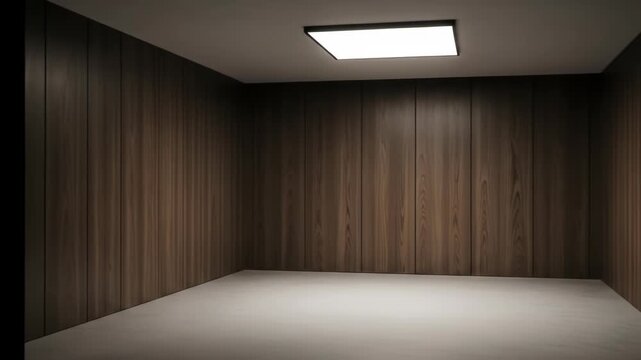 Interior corner, wooden wall, bright ceiling light, and off-white floor create an architectural space