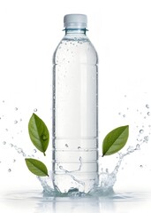 Water bottle with leaves and splash on white background