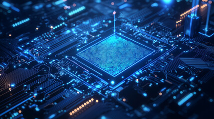 Obraz premium Close-up view of a futuristic integrated circuit with glowing pathways and central processor unit 