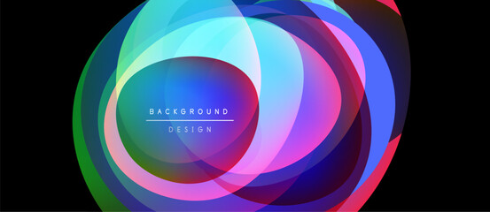 Abstract colorful layers create dynamic oval shape. Vibrant hues blend, forming modern background design. Smooth gradients offer visual interest.