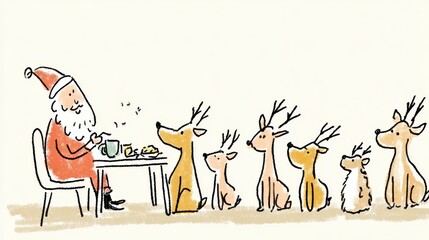 トナカイたちと休憩するサンタクロースのイラスト