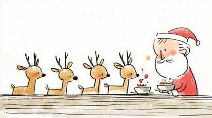 トナカイにご飯をあげるサンタクロースのイラスト