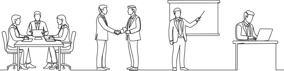 Business teamwork, handshake, presentation, and remote work in office setting&mdash;professional collaboration, meeting, training, productivity, corporate communication, workplace scene 