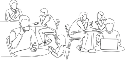  Café scene with people drinking, chatting, working on laptops, using phones—social interaction, relaxation, technology, casual lifestyle, public space.