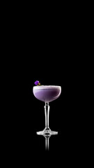 Minimal purple cocktail with flower garnish on reflective black surface. Concept of calm elegance and premium aesthetics for luxury lifestyle, branding, and editorial visuals.