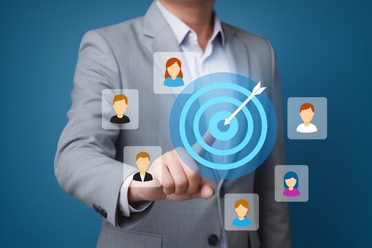 Targeted strategy – professional pointing at digital bullseye surrounded by diverse user icons for segmentation and recruitment