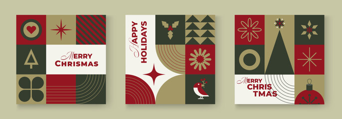 Elegant minimalist Christmas card set with geometric shapes and retro color palette. Perfect for holiday greetings, invitations, posters, and festive branding designs. Vector illustration