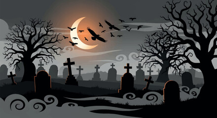 Spooky Halloween Night Graveyard Scene with Moon, Trees, and Flying Crows