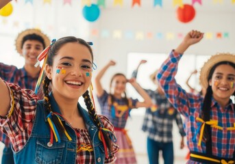 Naklejka premium Celebration of cultural traditions with people dancing and smiling with festive decor.