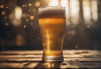 Frothy beer in a clear glas against a rustic wooden table bubbles rising and catching the light